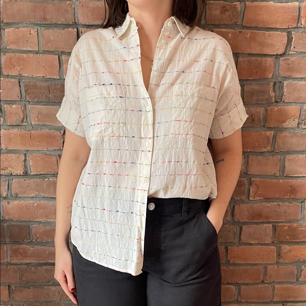 Women's White Short Sleeve Button-Up Top